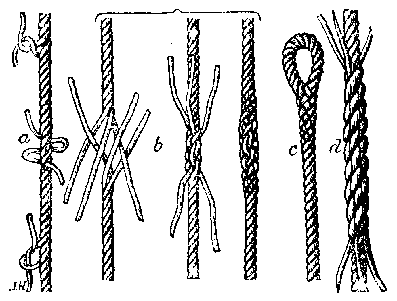 Rope splices from the Nordisk familjebok, a long splice on the left